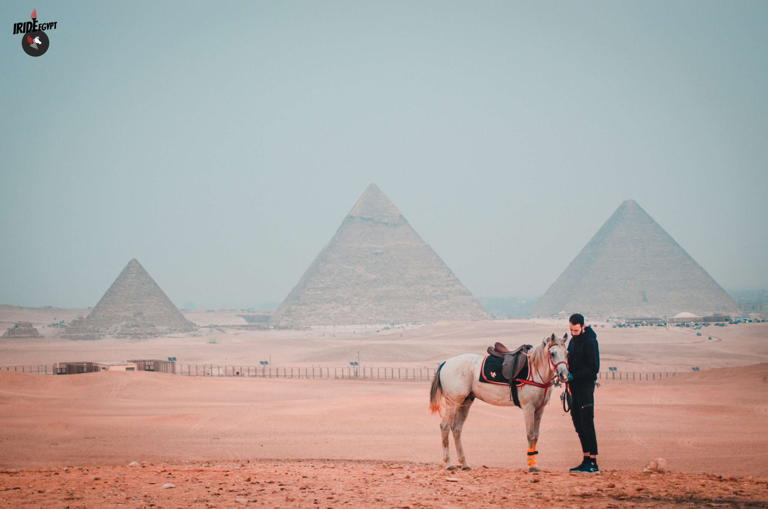 Horse and guide with the three Pyramids of Giza behind