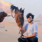 Guest with a white Arabian horse near the Pyramids