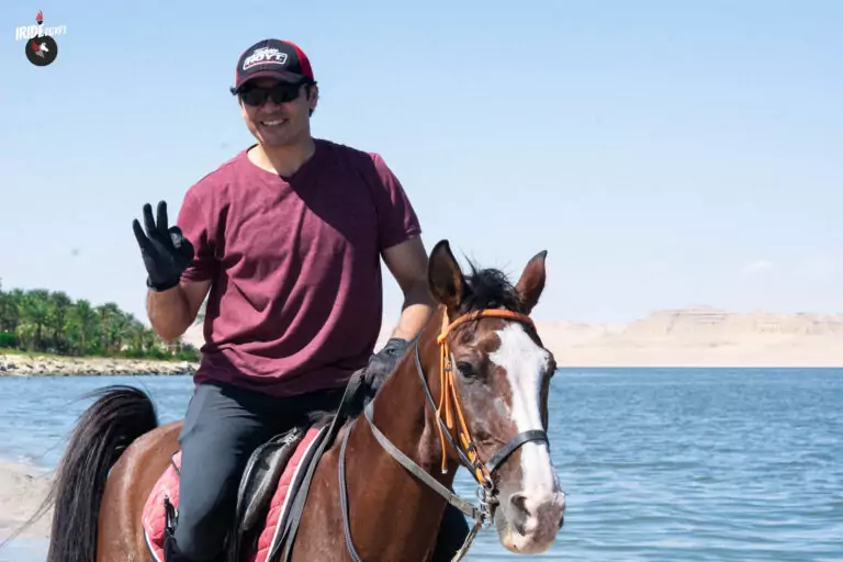 Rider waving from horseback on the shore of Lake Qarun