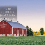 A traditional red barn with 'Walnut Farm' painted on its side, set against a sunset sky with a green field in the foreground and golden-lit trees in the background. Text overlay reads 'THE BEST GUIDE TO SMART BARN MANAGEMENT