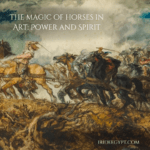 A dramatic historical battle painting featuring horses in combat, with golden and black steeds charging across rough terrain under stormy skies. The composition shows mounted warriors engaged in intense warfare, with dynamic movement and tension captured in the horses' muscular forms and flowing manes.