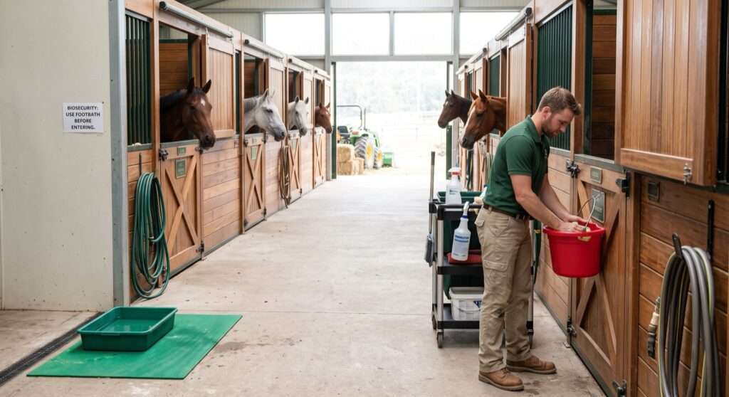 Groom disinfecting a water bucket in a clean stable aisle with a hoof footbath