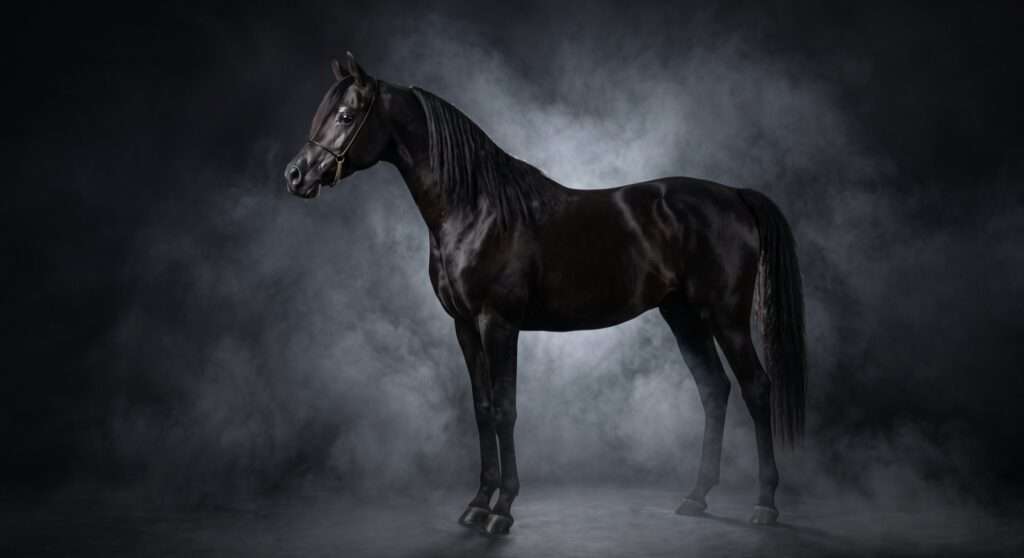 Black Arabian horse in soft studio smoke