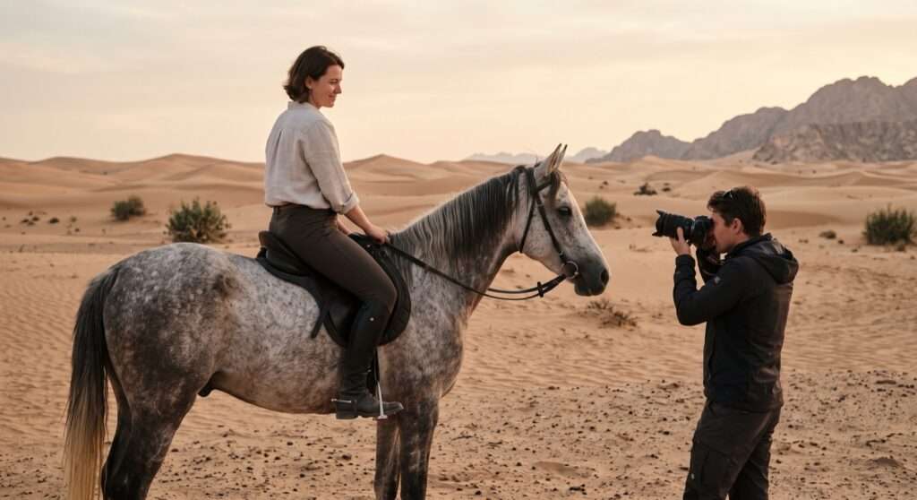 Photographer taking a portrait of a rider on a calm grey horse in the desert