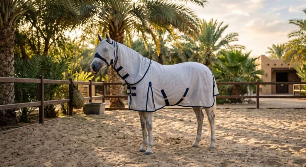 Grey Arabian horse wearing a mesh fly rug in a shaded sandy paddock
