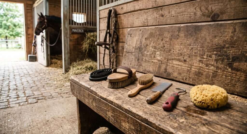 Horse grooming tools on a stable bench: curry comb, brushes, mane comb, hoof pick and sponge