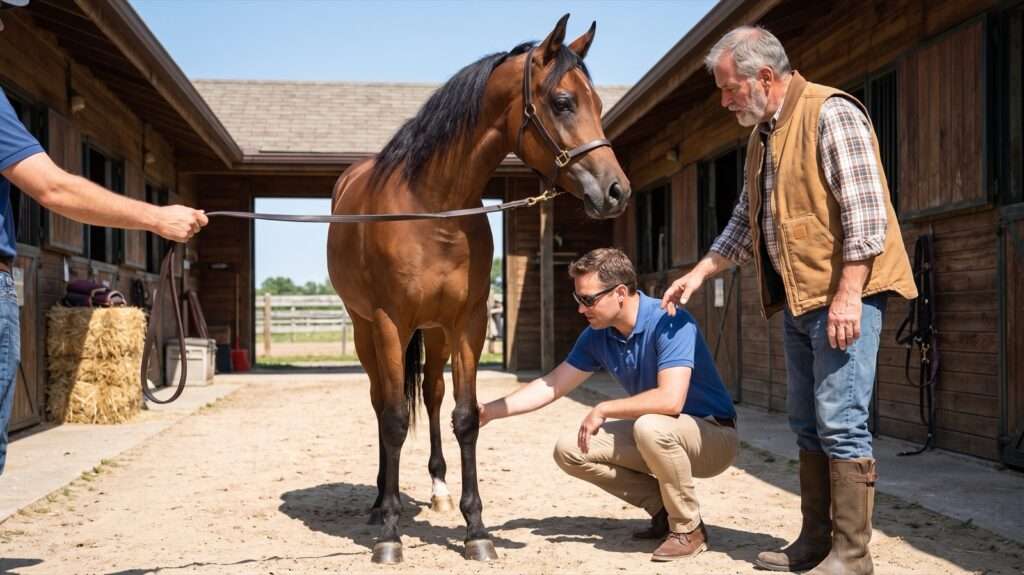 Buyer inspecting a young Arabian horse's legs with the stable owner
