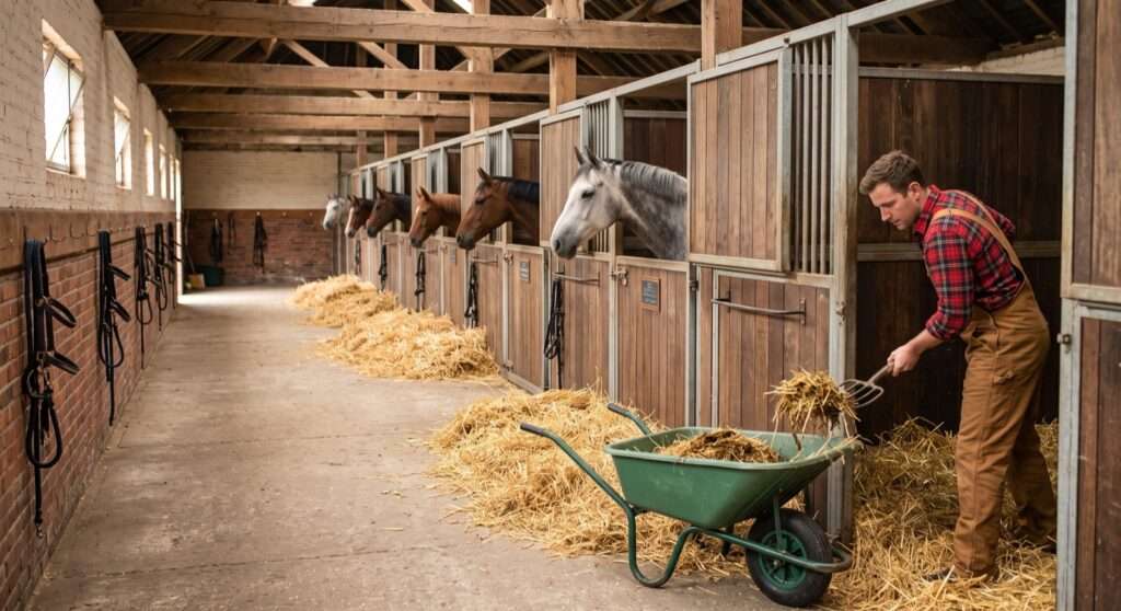Row of horses in clean stalls with fresh straw while a groom mucks out