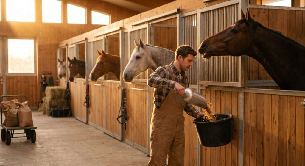 Groom pouring feed at dawn as horses look over their stall doors