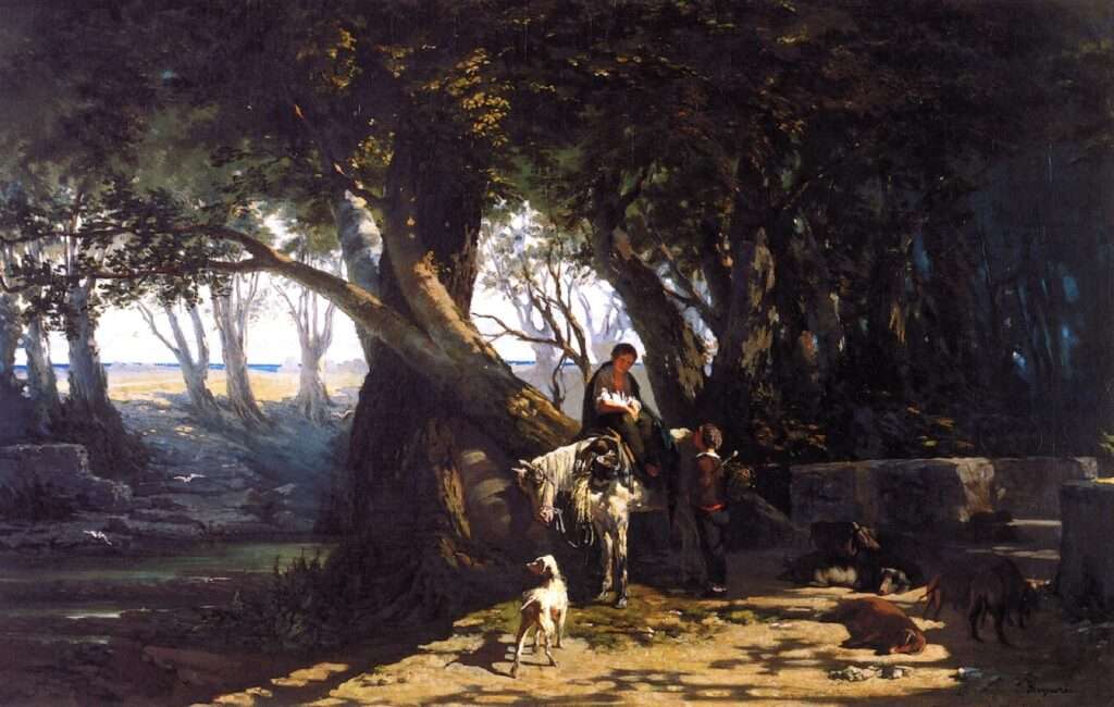 Olive Grove at Antignano, 19th-century Tuscan painting with riders
