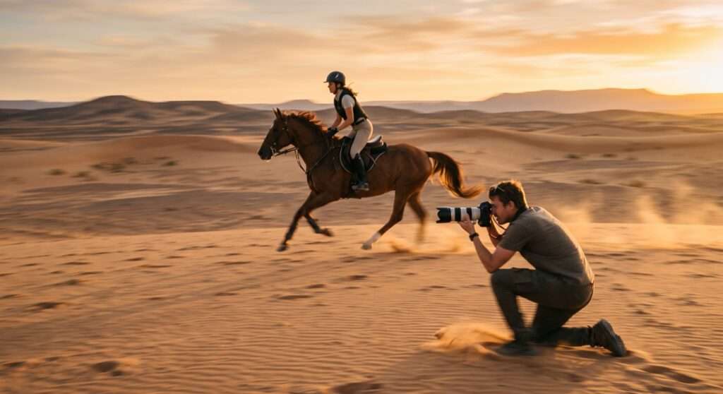 Photographer panning to follow a cantering horse and rider in the desert
