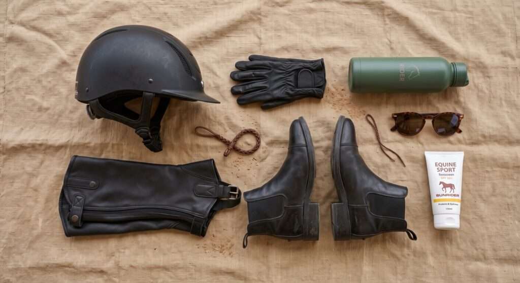 Beginner riding gear: helmet, gloves, ankle boots, half chaps, water, sunglasses and sunscreen
