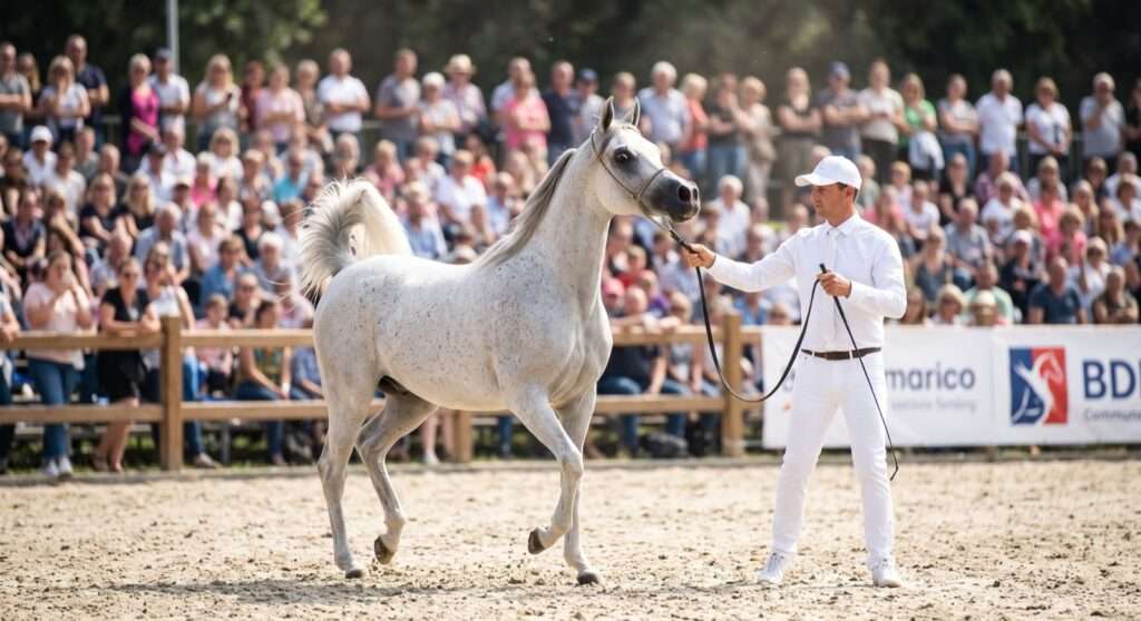 Arabian horse shown in hand at a horse show, handler dressed in white