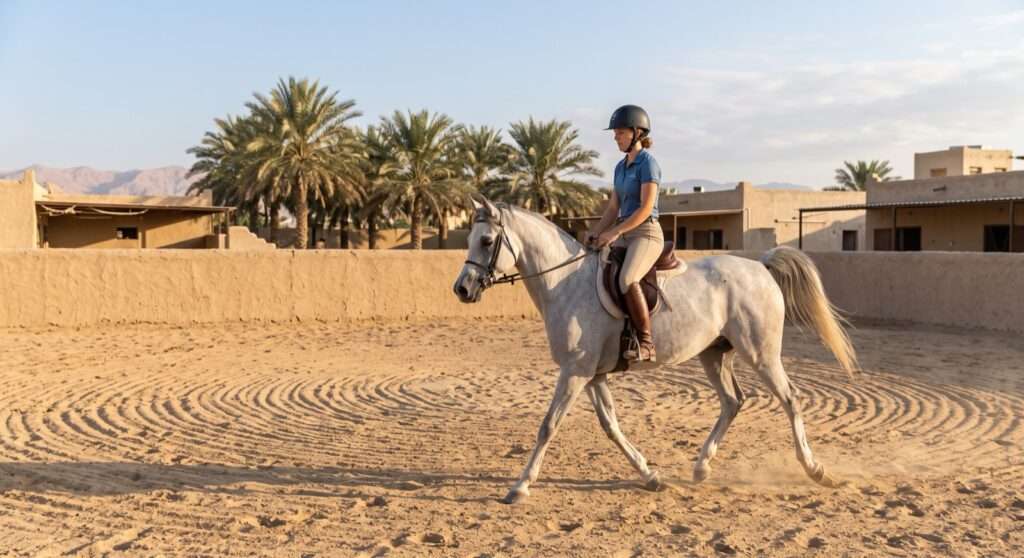 Rider working an Arabian horse at the trot in a desert stable arena