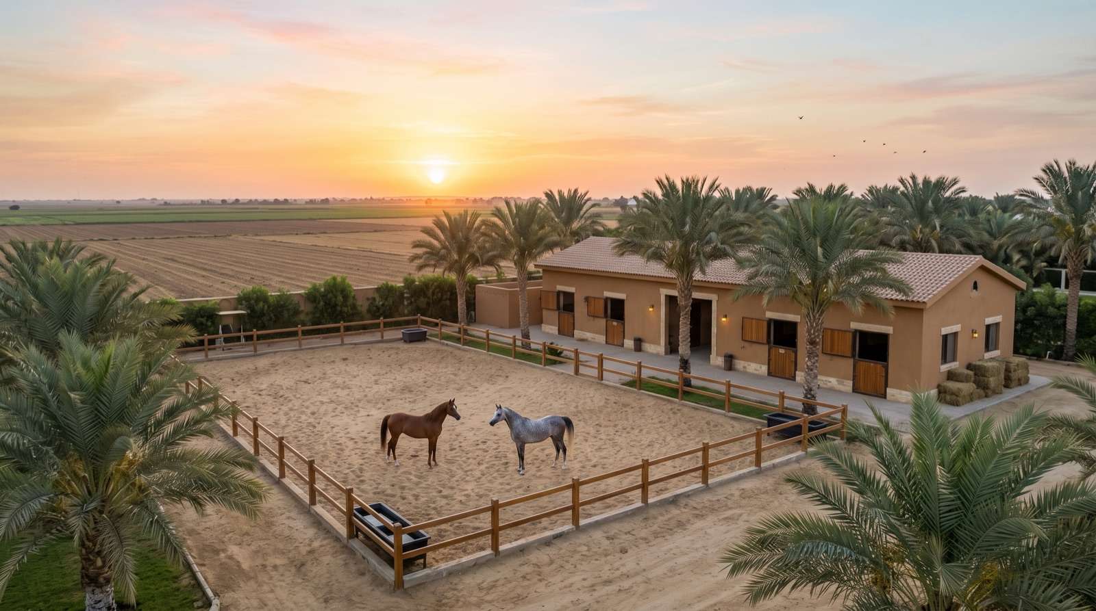 Well-kept horse barn and paddock among palm trees at sunrise