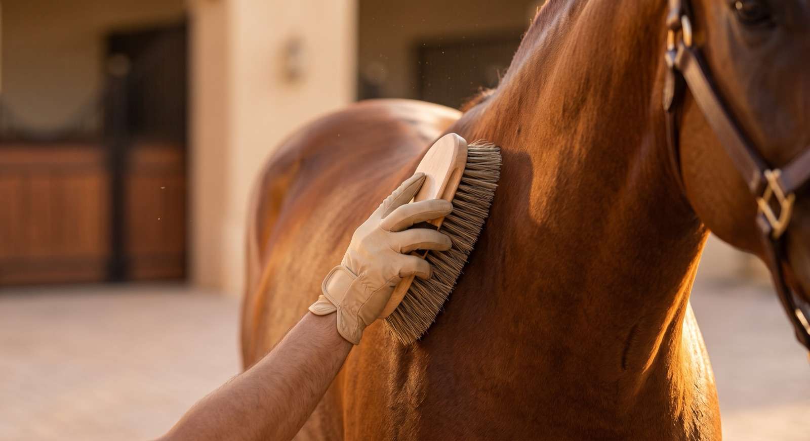 Groom brushing the shiny coat of a bay horse