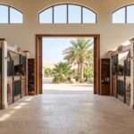 Bright, clean stable aisle with horses looking out of their stalls